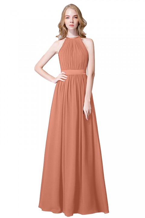 High Neck Halter Pleated Bodice Chiffon Bridesmaid Dress Long