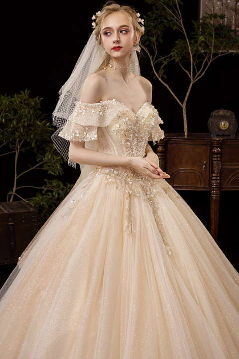 2021 New Off Shoulder Sleeveless Paillette Decor Tulle Wedding Dress ...