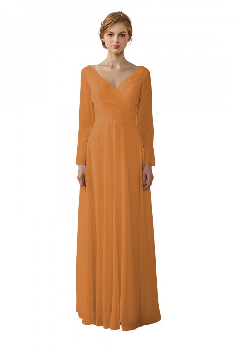 Long Sleeve Illusion Lace Back Closure V-Neck Elegant Bridesmaid Dress