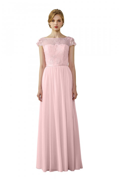 Cap Sleeves Lace Illusion Back Scoop Neckline Bridesmaid Dress