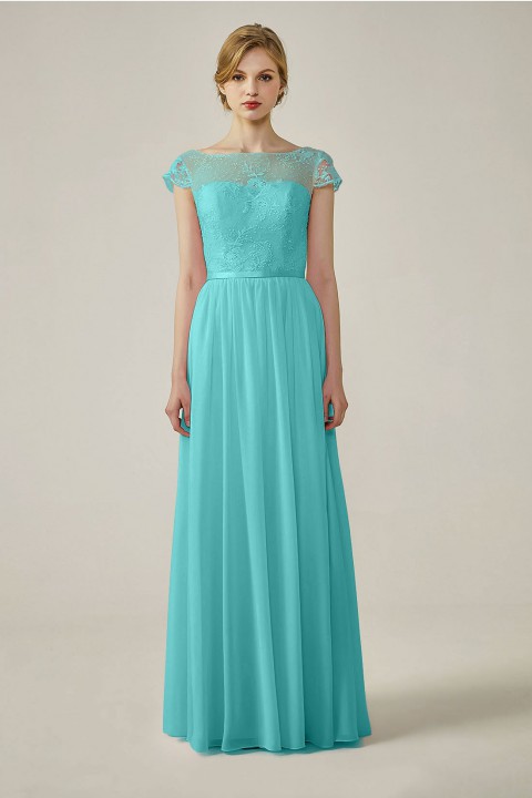 Cap Sleeves Lace Illusion Back Scoop Neckline Bridesmaid Dress