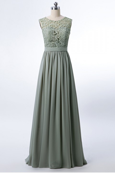 Clearance | Lace Scoop Illusion Back A-Line Chiffon Bridesmaid Dress Long