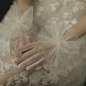 White Lace Satin Bow Bridal Wedding Soft Tulle Finger Short Gloves SS3 