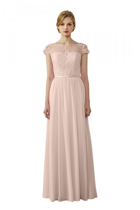 Cap Sleeves Lace Illusion Back Scoop Neckline Bridesmaid Dress