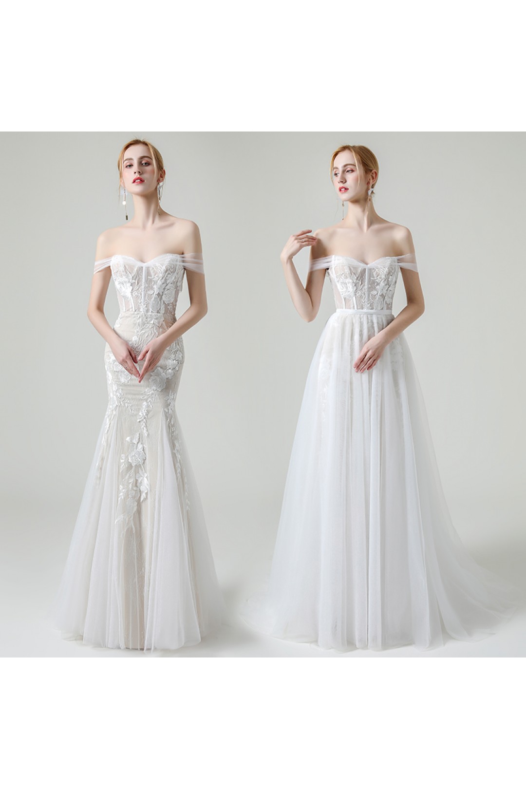 Off the Shoulder Lace Two in One Wedding Dress with Detachable Tulle ...