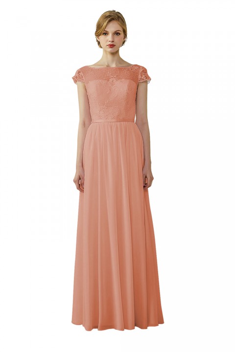 Cap Sleeves Lace Illusion Back Scoop Neckline Bridesmaid Dress