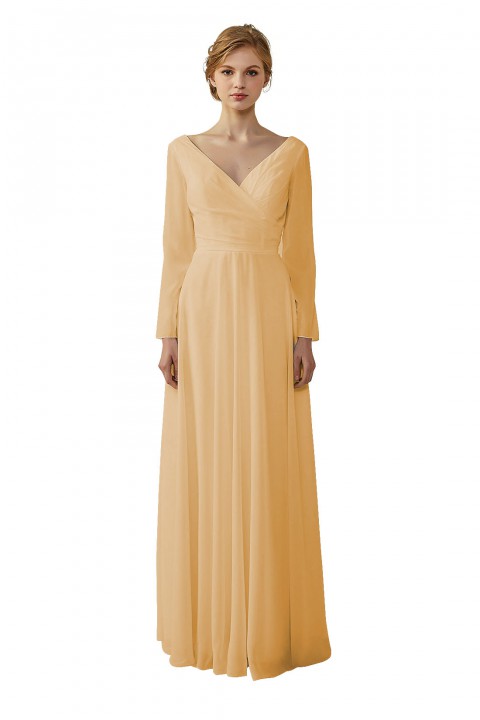Long Sleeve Illusion Lace Back Closure V-Neck Elegant Bridesmaid Dress