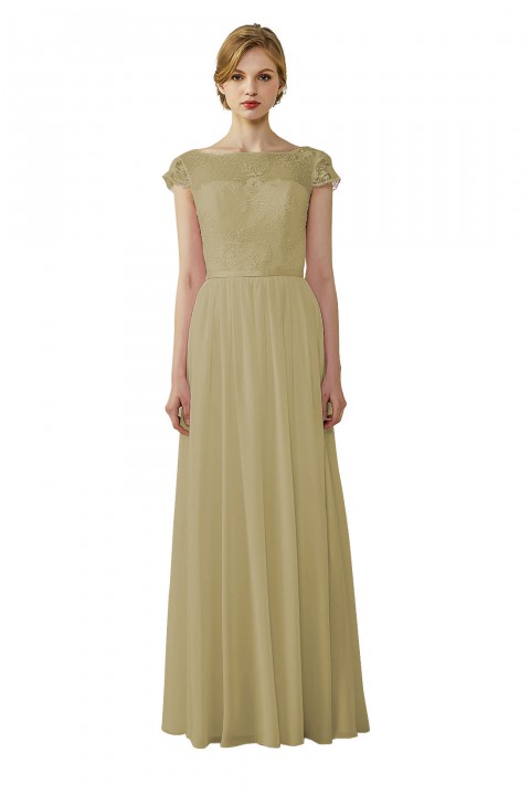 Cap Sleeves Lace Illusion Back Scoop Neckline Bridesmaid Dress