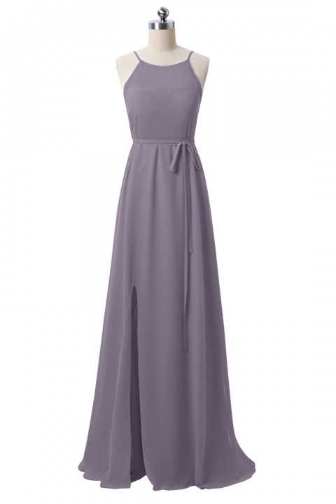 Spaghetti Straps Halter Neckline Open Back Bodice Side Slit Skirt Bridesmaid Dress with Adjustable Belt