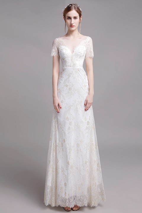 Illusion V Neck Short Sleeve Lace Mermaid Wedding Dress