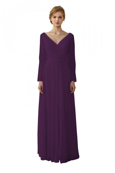 Long Sleeve Illusion Lace Back Closure V-Neck Elegant Bridesmaid Dress