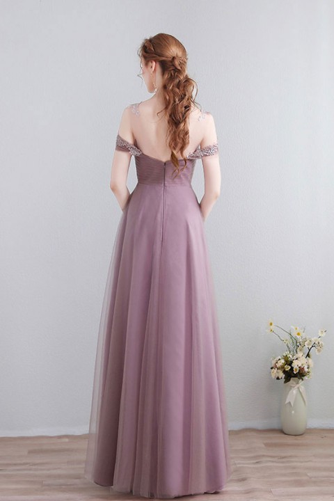 Clearance | Lace Illusion Scoop Neckline Cold Shoulder Tulle Bridesmaid Dress with Open Back