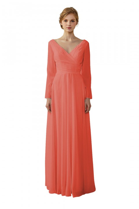 Long Sleeve Illusion Lace Back Closure V-Neck Elegant Bridesmaid Dress