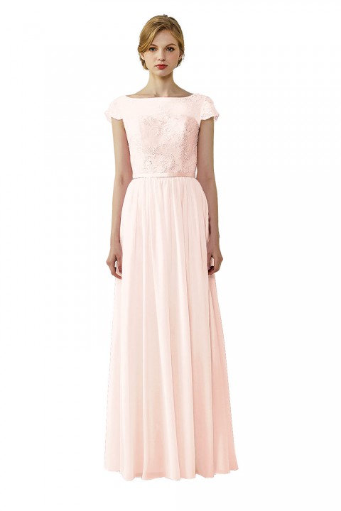 Cap Sleeves Lace Illusion Back Scoop Neckline Bridesmaid Dress