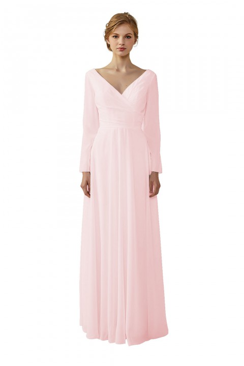 Long Sleeve Illusion Lace Back Closure V-Neck Elegant Bridesmaid Dress