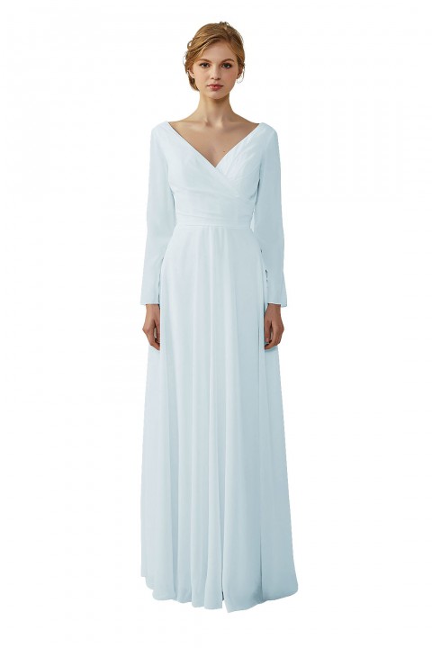 Long Sleeve Illusion Lace Back Closure V-Neck Elegant Bridesmaid Dress