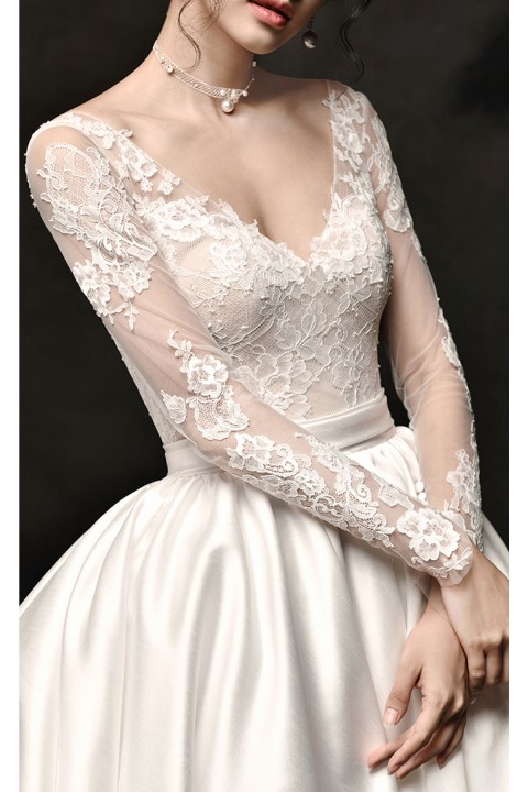 Long Sleeve Corset Back Lace Bodice Satin Skirt Ball Gown Wedding Dress with Train 