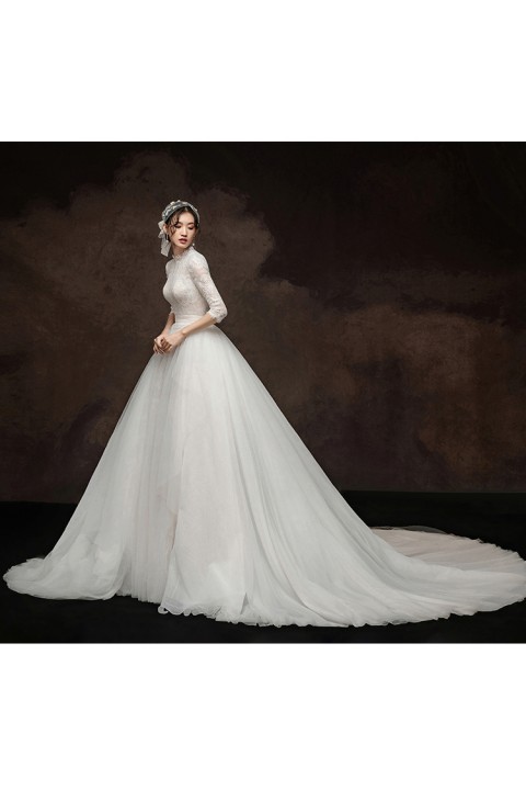 Cutout Corset Back 3/4 Sleeve Two in One Lace Wedding Dress with Detachable Tulle Overskirt
