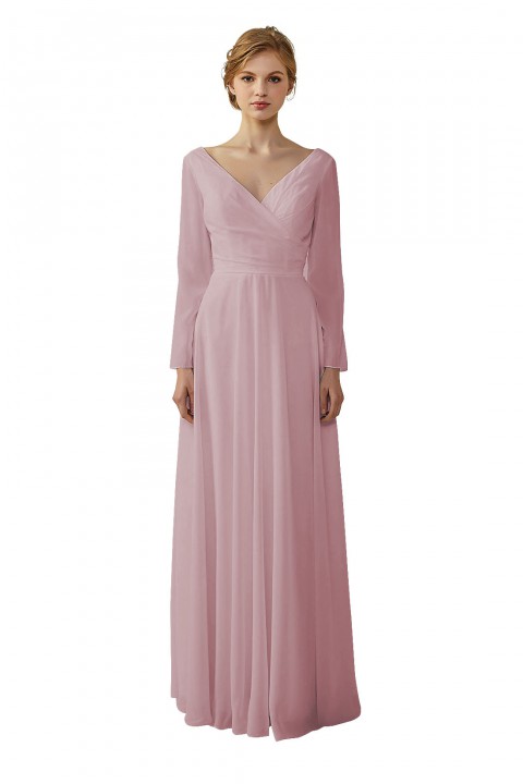 Long Sleeve Illusion Lace Back Closure V-Neck Elegant Bridesmaid Dress