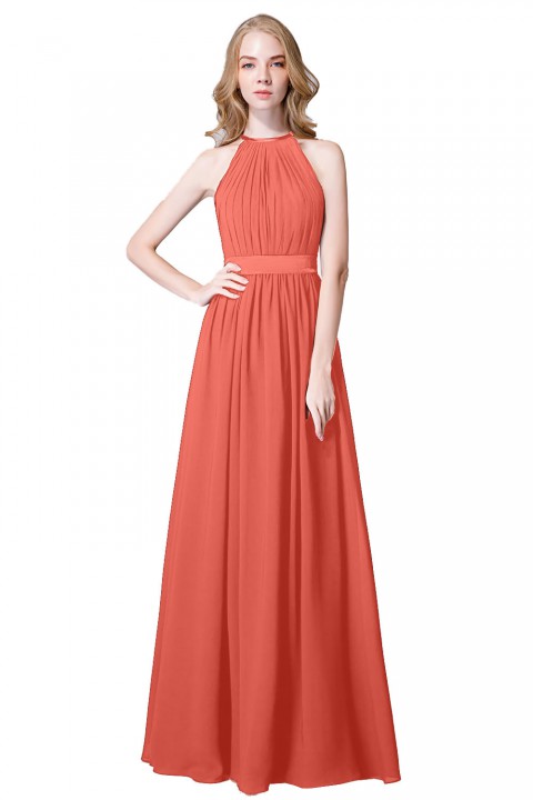 High Neck Halter Pleated Bodice Chiffon Bridesmaid Dress Long