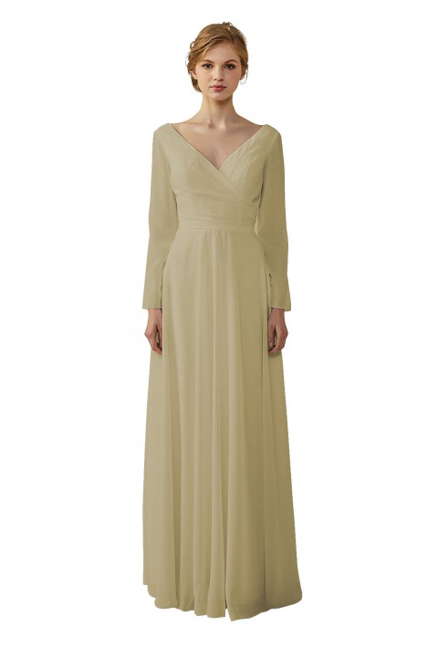 Long Sleeve Illusion Lace Back Closure V-Neck Elegant Bridesmaid Dress