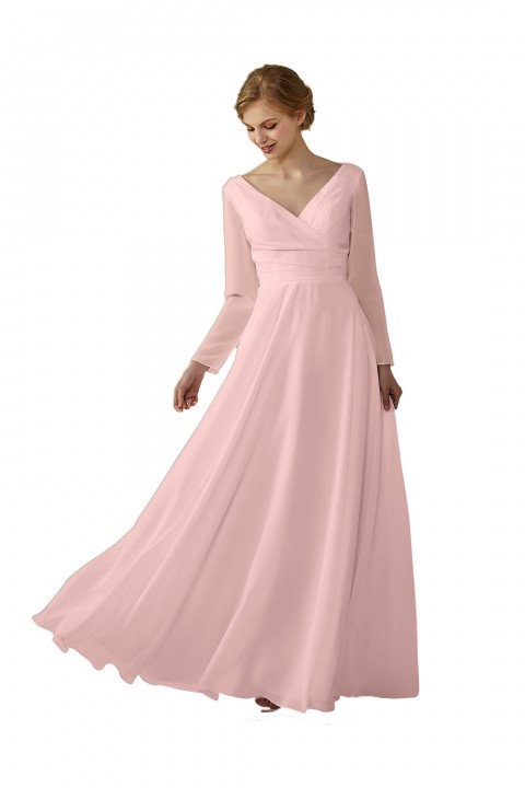 Long Sleeve Illusion Lace Back Closure V-Neck Elegant Bridesmaid Dress