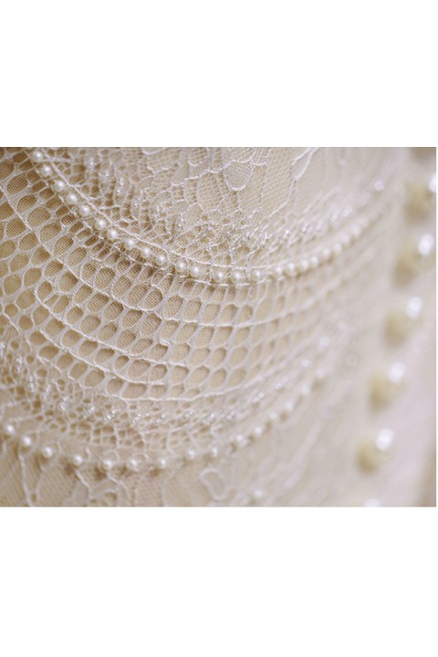 Long Sleeve Pearl Beaded Lace Bodice Wedding Dress with Tulle Skirt