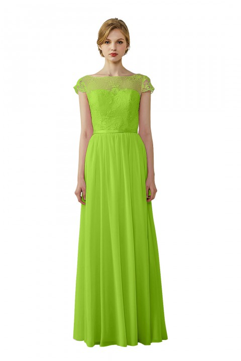 Cap Sleeves Lace Illusion Back Scoop Neckline Bridesmaid Dress