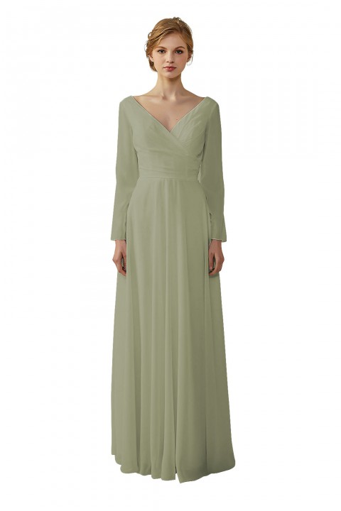 Long Sleeve Illusion Lace Back Closure V-Neck Elegant Bridesmaid Dress