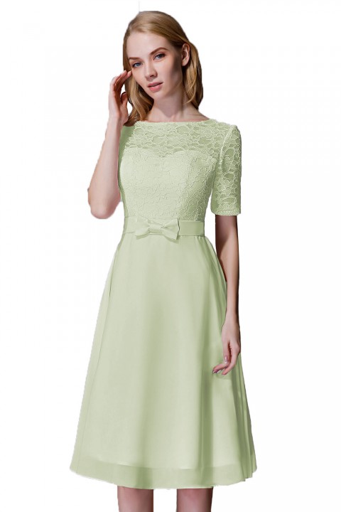 Elbow Sleeves Lace Illusion Scoop Neck Short Bridesmaid Dress with Silk Bowknot