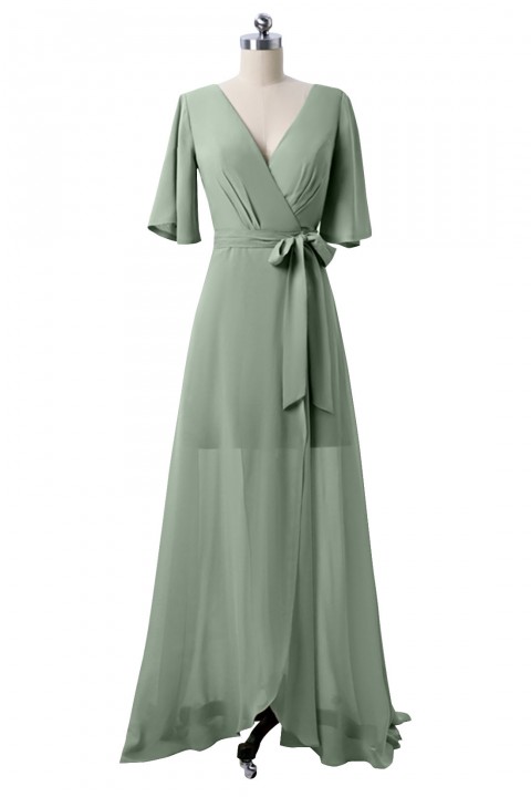 V Neck and Back Tied Waist Ruffled Hem Chiffon Bridesmaid Dress with Side Slit