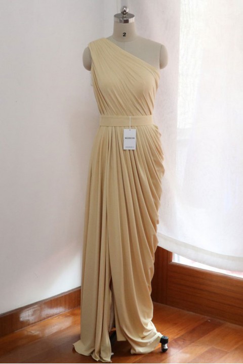 Clearance | One Shoulder Draped Side Slit Bridesmaid Dress with Belt