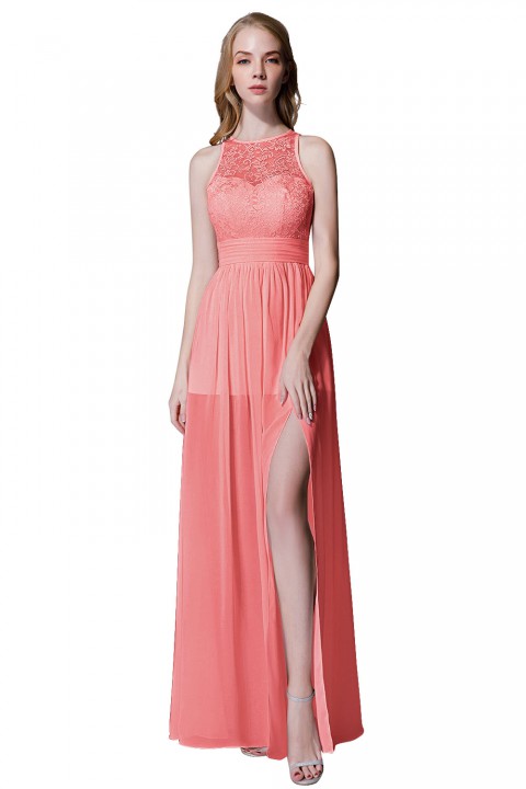 Illusion Lace Neck & Back Scoop Side Slit Bridesmaid Dress