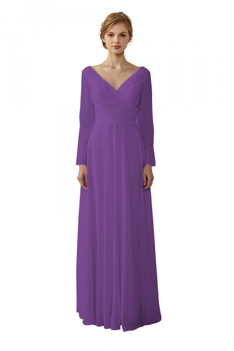 Long Sleeve Illusion Lace Back Closure V-Neck Elegant Bridesmaid Dress