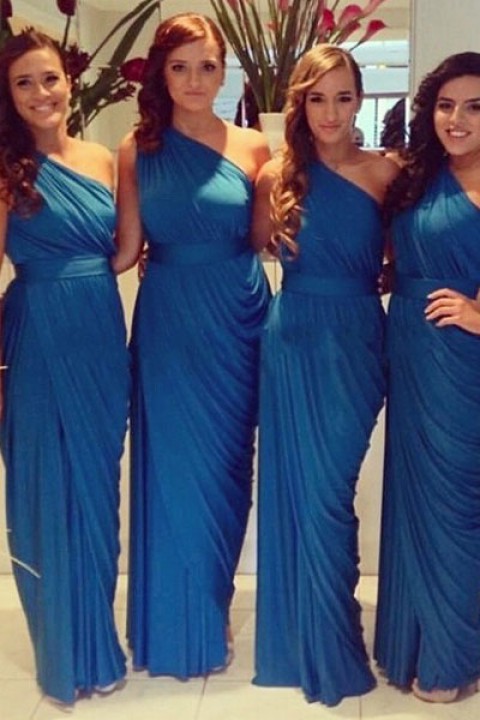 Clearance | One Shoulder Draped Side Slit Bridesmaid Dress with Belt