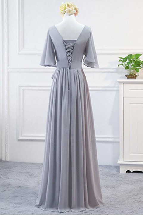 Clearance | Flutter Sleeves V Neck Ruched Bridesmaid Dress with Belt
