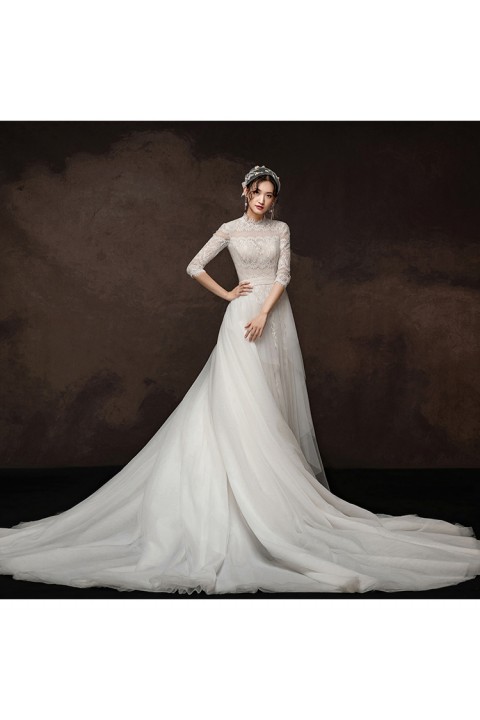 Cutout Corset Back 3/4 Sleeve Two in One Lace Wedding Dress with Detachable Tulle Overskirt