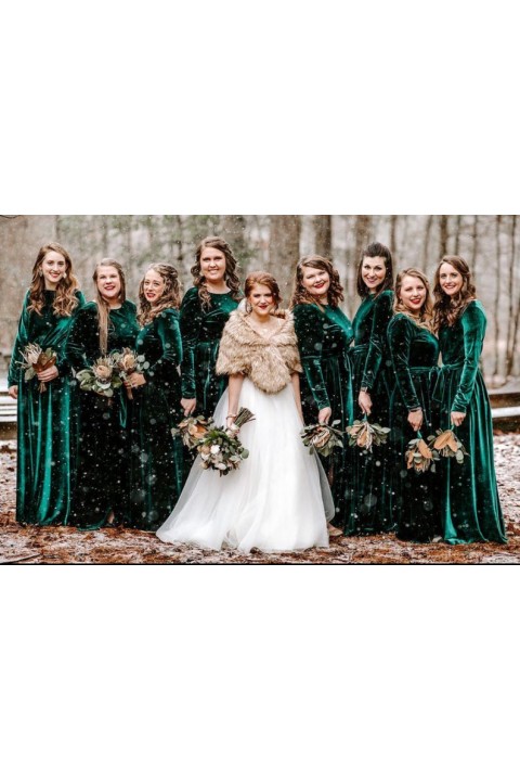 Long Sleeve Boat Neck Luxe Stretch Velvet Bridesmaid Dress with Tied Waist