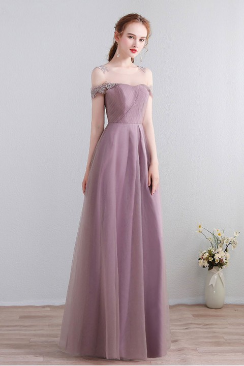 Clearance | Lace Illusion Scoop Neckline Cold Shoulder Tulle Bridesmaid Dress with Open Back