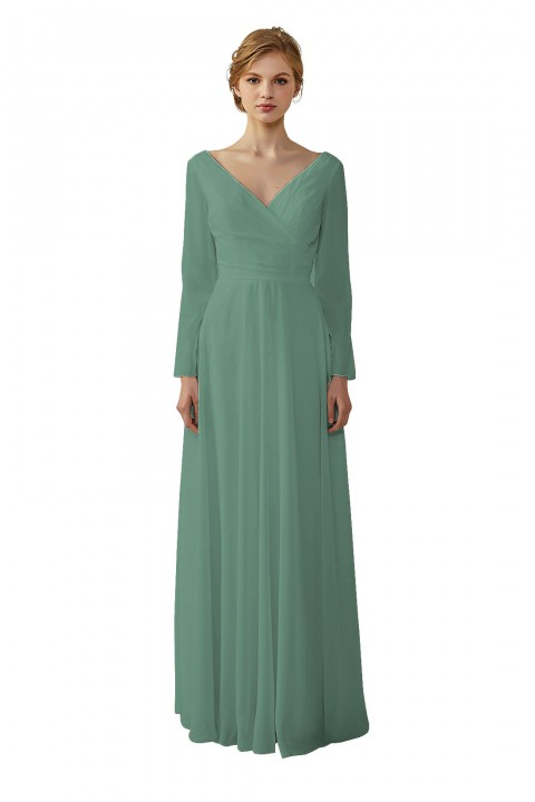 Long Sleeve Illusion Lace Back Closure V-Neck Elegant Bridesmaid Dress