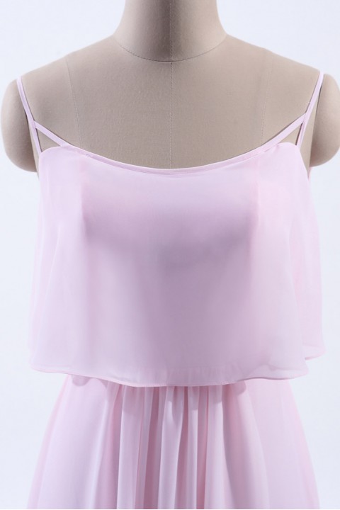 Boho Spaghetti Straps Chiffon V-Back Bridesmaid Dress with Flounce
