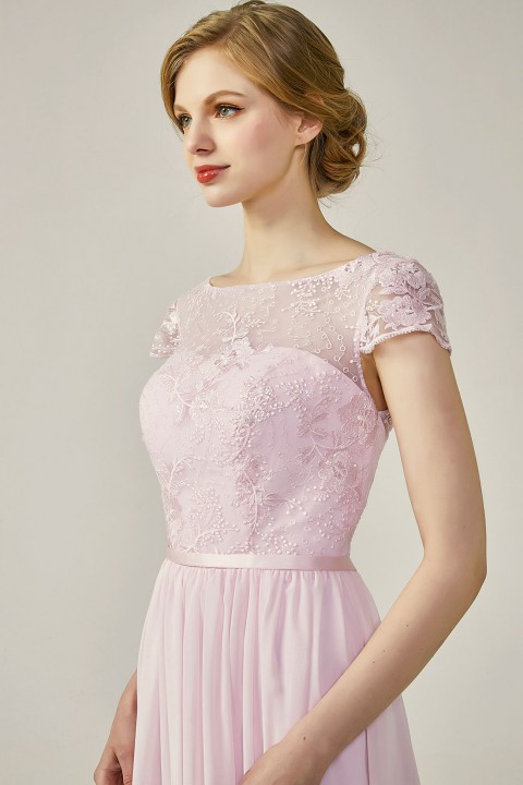 Cap Sleeves Lace Illusion Back Scoop Neckline Bridesmaid Dress