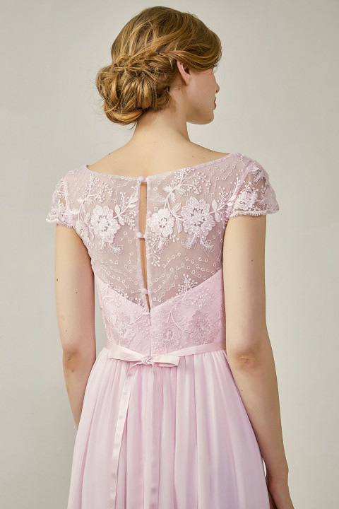 Cap Sleeves Lace Illusion Back Scoop Neckline Bridesmaid Dress