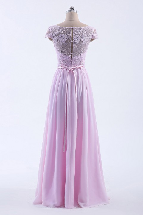 Cap Sleeves Lace Illusion Back Scoop Neckline Bridesmaid Dress