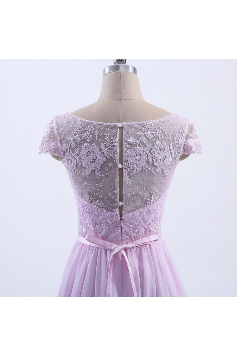 Cap Sleeves Lace Illusion Back Scoop Neckline Bridesmaid Dress