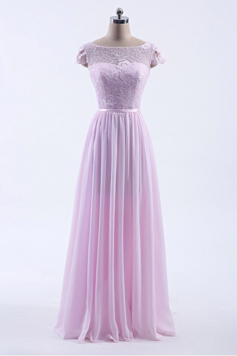 Cap Sleeves Lace Illusion Back Scoop Neckline Bridesmaid Dress