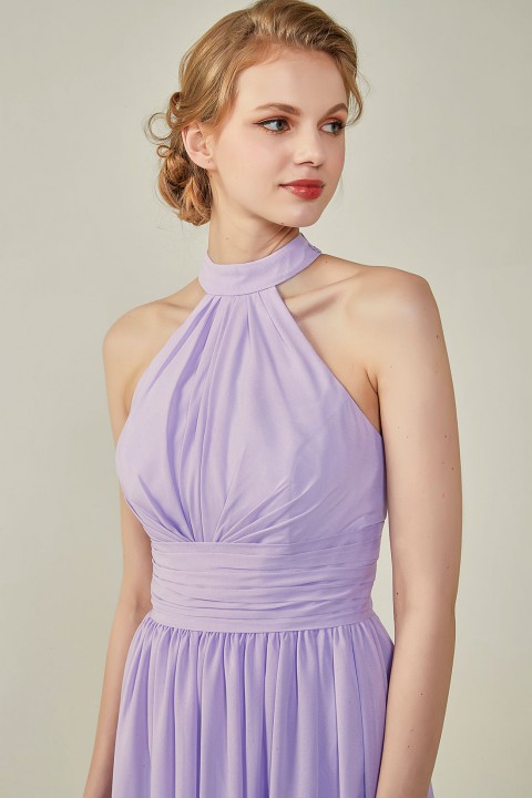 High Neck Chiffon Lace Triangle Back Halter Bridesmaid Dress