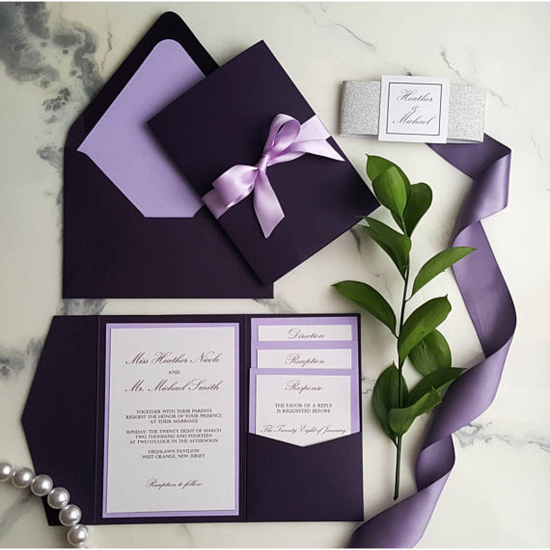 elegant modern wedding invitation pocket navy blue purple wedding invitation pocket