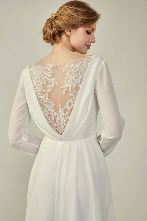 Long Sleeve Illusion Lace Back Closure V-Neck Elegant Bridesmaid Dress