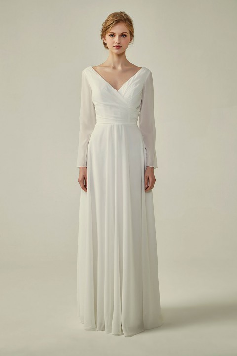 Long Sleeve Illusion Lace Back Closure V-Neck Elegant Bridesmaid Dress